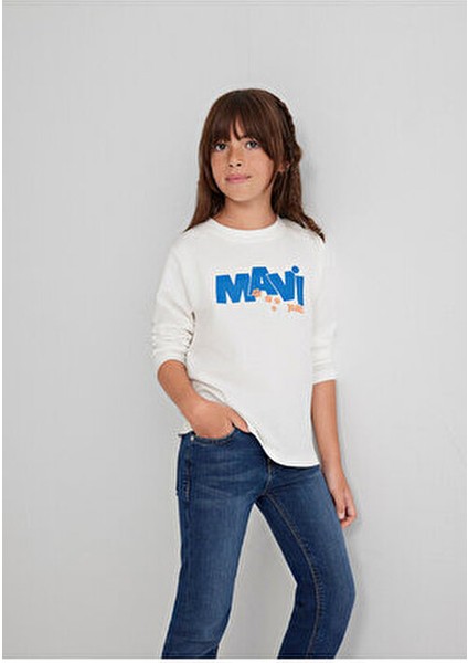 Mavi Pati Baskılı Ekru Tişört Kız Çocuk İçin Uzun Kol Pamuklu Günlük Stil