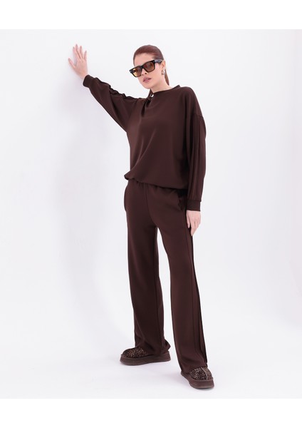 Yanları Nervürlü Katlamalı Uzun Kollu Yumuşak Akışkan Kumaş Viskon Günlük Alt Üst Takım