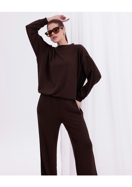 Yanları Nervürlü Katlamalı Uzun Kollu Yumuşak Akışkan Kumaş Viskon Günlük Alt Üst Takım