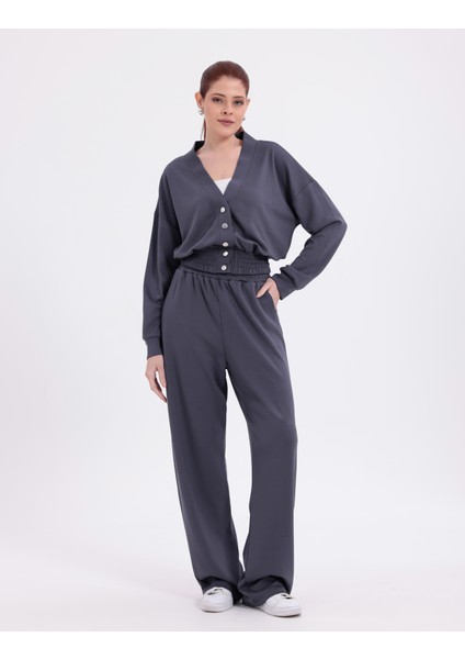 Beli Lastikli V Yaka Çıtçıtlı Ekstra Yumuşak Kumaş Antrasit Koyu Gri Şık Gipeli Eşofman Takım