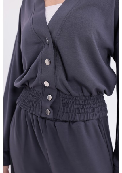 Beli Lastikli V Yaka Çıtçıtlı Ekstra Yumuşak Kumaş Antrasit Koyu Gri Şık Gipeli Eşofman Takım fırsatları