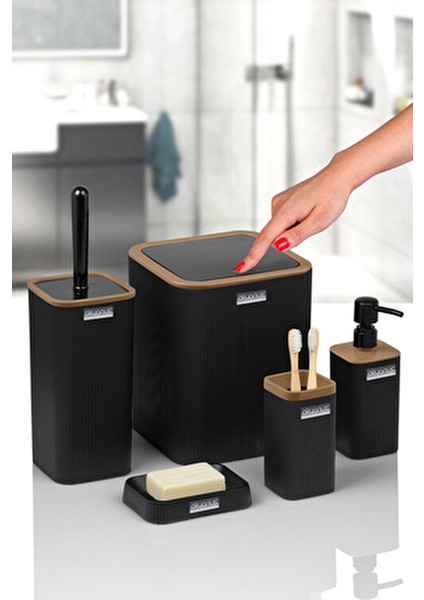 Siyah Çizgili Kare 5'li Banyo Seti Modern Stil Suya Dayanıklı Malzeme ile fırsatları