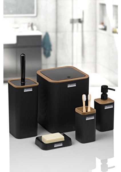 Siyah Çizgili Kare 5'li Banyo Seti Modern Stil Suya Dayanıklı Malzeme ile