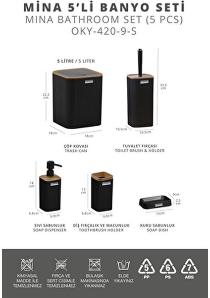 Siyah Çizgili Kare 5'li Banyo Seti Modern Stil Suya Dayanıklı Malzeme ile