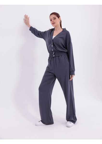 Beli Lastikli V Yaka Çıtçıtlı Ekstra Yumuşak Kumaş Antrasit Koyu Gri Şık Gipeli Eşofman Takım indirimleri
