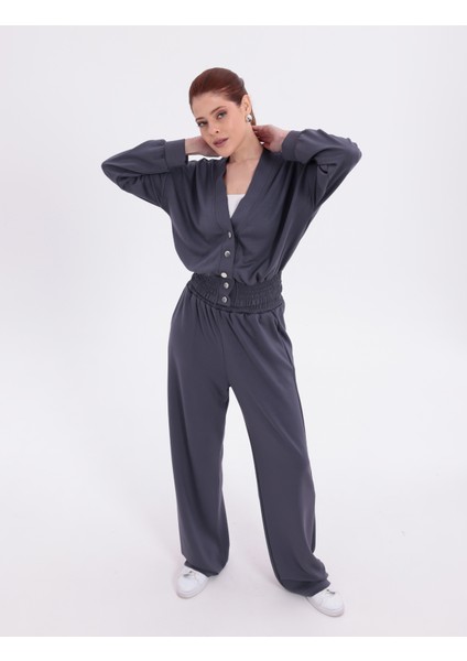 Beli Lastikli V Yaka Çıtçıtlı Ekstra Yumuşak Kumaş Antrasit Koyu Gri Şık Gipeli Eşofman Takım