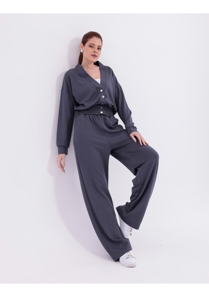 Beli Lastikli V Yaka Çıtçıtlı Ekstra Yumuşak Kumaş Antrasit Koyu Gri Şık Gipeli Eşofman Takım