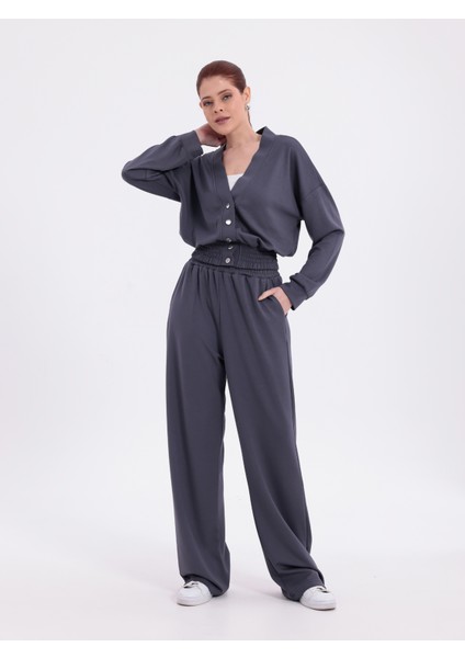 Beli Lastikli V Yaka Çıtçıtlı Ekstra Yumuşak Kumaş Antrasit Koyu Gri Şık Gipeli Eşofman Takım