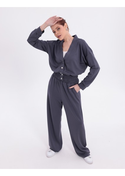 Beli Lastikli V Yaka Çıtçıtlı Ekstra Yumuşak Kumaş Antrasit Koyu Gri Şık Gipeli Eşofman Takım