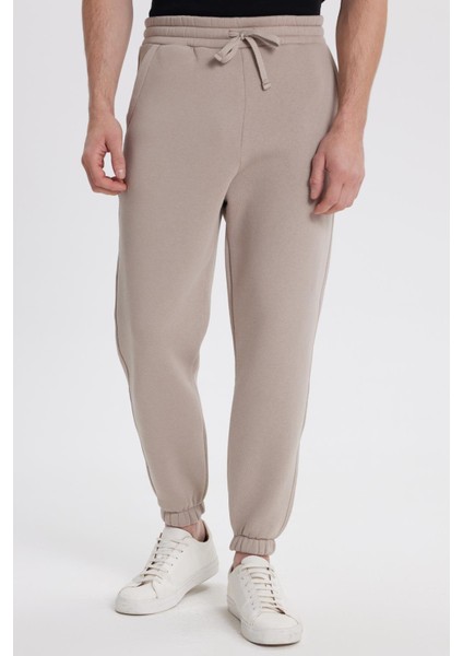 Unisex Relax Fit Rahat Kesim Şardonlu 3 Cepli Lastikli Jogger Paça Bej Eşofman Altı