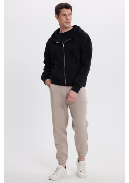 Unisex Relax Fit Rahat Kesim Şardonlu 3 Cepli Lastikli Jogger Paça Bej Eşofman Altı