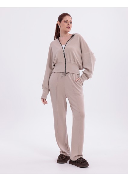 Ekstra Yumuşak Kumaş Kapüşonlu Kordonlu Fermuarlı Geniş Paçalı Şık Günlük Bej Takım