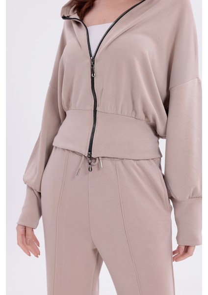 Ekstra Yumuşak Kumaş Kapüşonlu Kordonlu Fermuarlı Geniş Paçalı Şık Günlük Bej Takım fiyatları