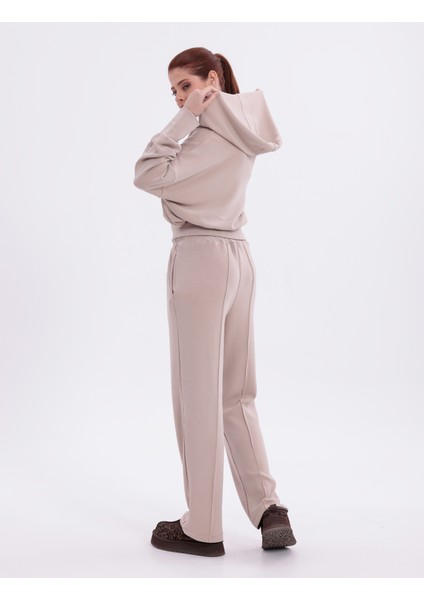 Ekstra Yumuşak Kumaş Kapüşonlu Kordonlu Fermuarlı Geniş Paçalı Şık Günlük Bej Takım fırsatları