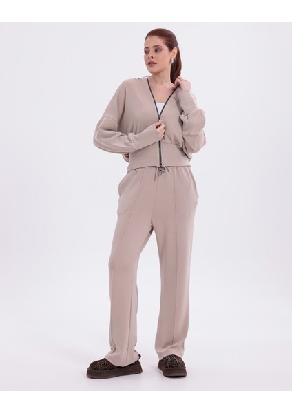 Ekstra Yumuşak Kumaş Kapüşonlu Kordonlu Fermuarlı Geniş Paçalı Şık Günlük Bej Takım