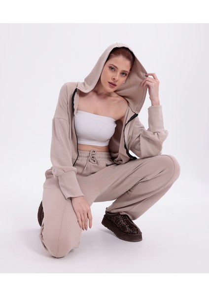Ekstra Yumuşak Kumaş Kapüşonlu Kordonlu Fermuarlı Geniş Paçalı Şık Günlük Bej Takım