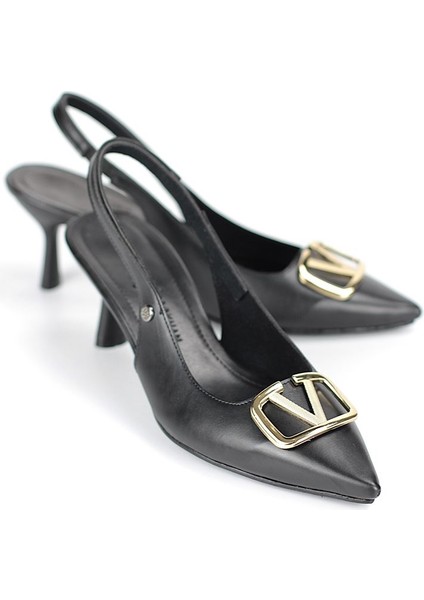 Liselotte Esnek Yumuşak Kaymaz Taban (4 Cm) Siyah Cilt Açık Lastikli V Toka Kadın Topuklu Ayakkabı modelleri