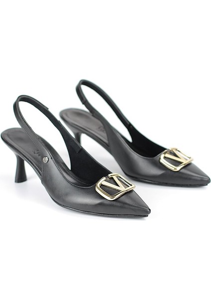 Liselotte Esnek Yumuşak Kaymaz Taban (4 Cm) Siyah Cilt Açık Lastikli V Toka Kadın Topuklu Ayakkabı fırsatları