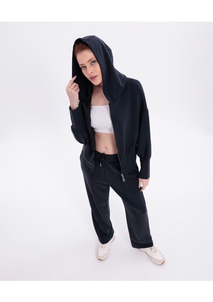 Ekstra Yumuşak Kumaş Kapüşonlu Kordonlu Fermuarlı Geniş Paçalı Şık Günlük Antrasit Takım modelleri