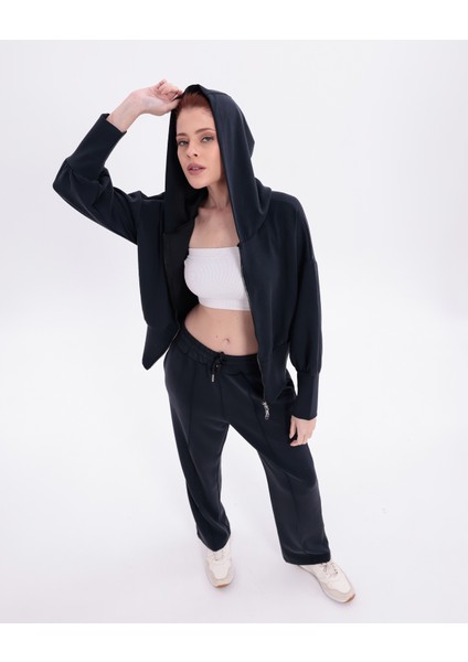 Ekstra Yumuşak Kumaş Kapüşonlu Kordonlu Fermuarlı Geniş Paçalı Şık Günlük Antrasit Takım