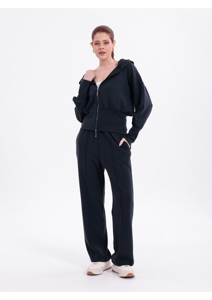 Ekstra Yumuşak Kumaş Kapüşonlu Kordonlu Fermuarlı Geniş Paçalı Şık Günlük Antrasit Takım