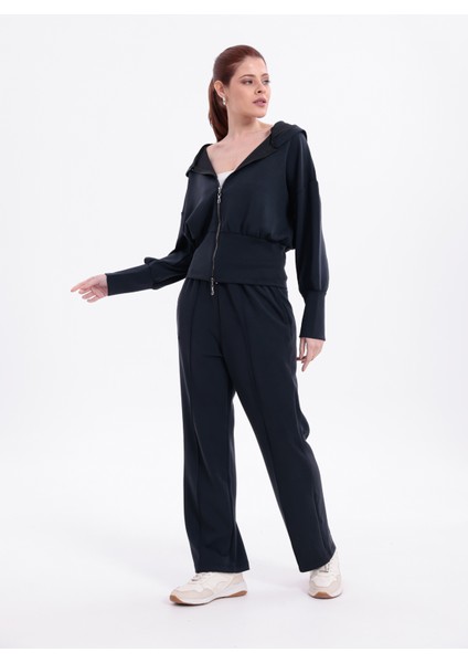 Ekstra Yumuşak Kumaş Kapüşonlu Kordonlu Fermuarlı Geniş Paçalı Şık Günlük Antrasit Takım