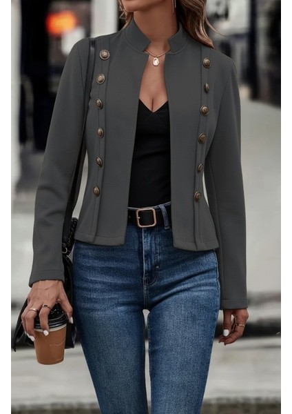 Cottonlab Kadın Uzun Kollu Hakim Yaka Yanlardan Düğmeli Kısa Süet Ceket