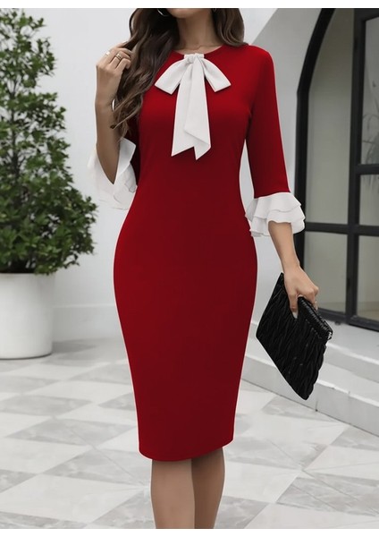 Cottonlab Kadın Truvakar Kollu Fiyonk Yakalı Midi Ithal Krep Elbise