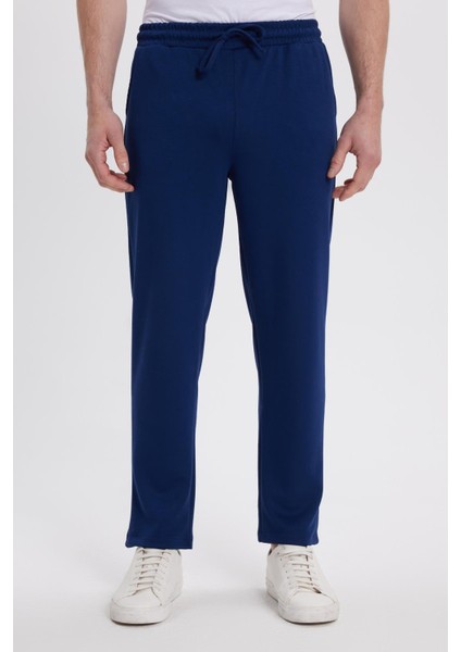 Erkek Slim Fit Dar Kesim Beli Bağcıklı 3 Cepli Geniş Paça Lacivert Eşofman Altı