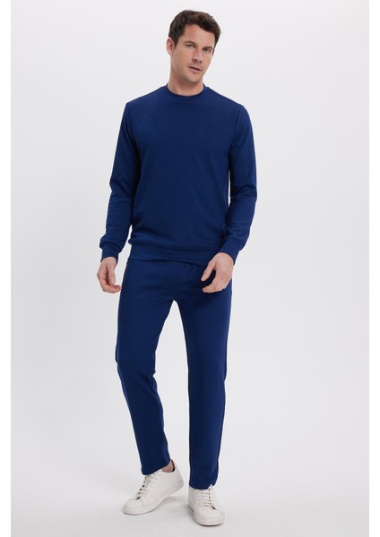 Erkek Slim Fit Dar Kesim Beli Bağcıklı 3 Cepli Geniş Paça Lacivert Eşofman Altı fırsatları