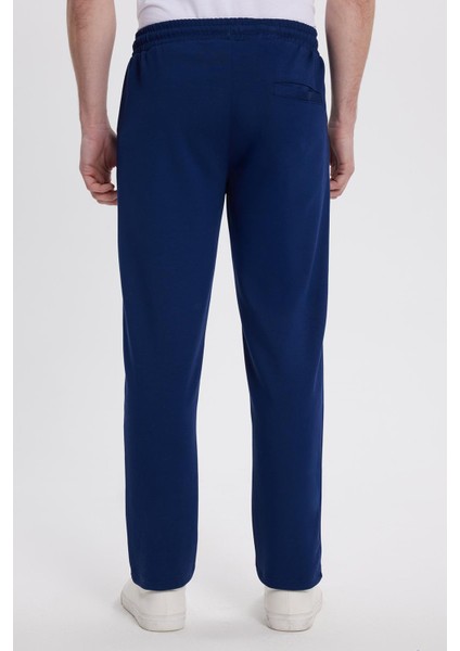 Erkek Slim Fit Dar Kesim Beli Bağcıklı 3 Cepli Geniş Paça Lacivert Eşofman Altı