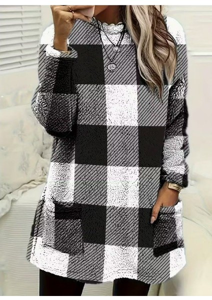 Kadın Uzun Kollu Yarı Balıkçı Yakalı Cep Detaylı Ekoseli Dokuma Tunik