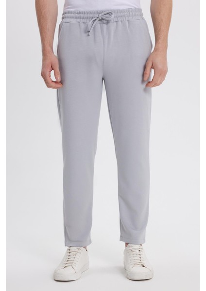 Erkek Slim Fit Dar Kesim Beli Bağcıklı 3 Cepli Geniş Paça Gri Eşofman Altı