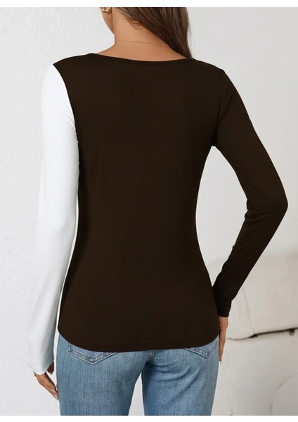 Cottonlab Kadın Uzun Kollu Geometrik Yaka Detaylı Çift Renkli Viskon Bluz modelleri