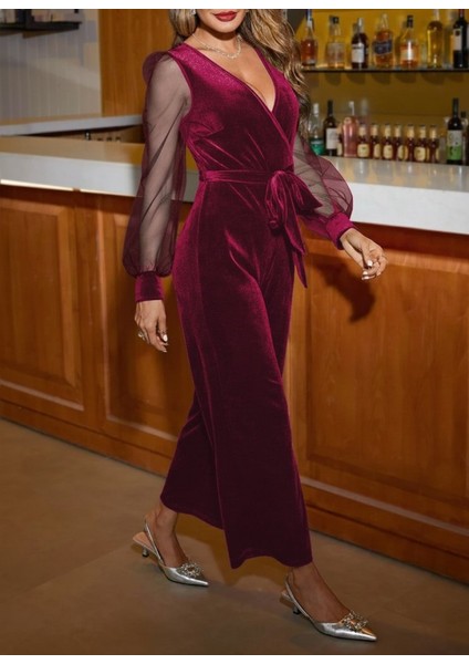 Cottonlab Kadın Uzun Kollu Kruvaze Yakalı Belden Kuşaklı Tül Detaylı Kadife Tulum