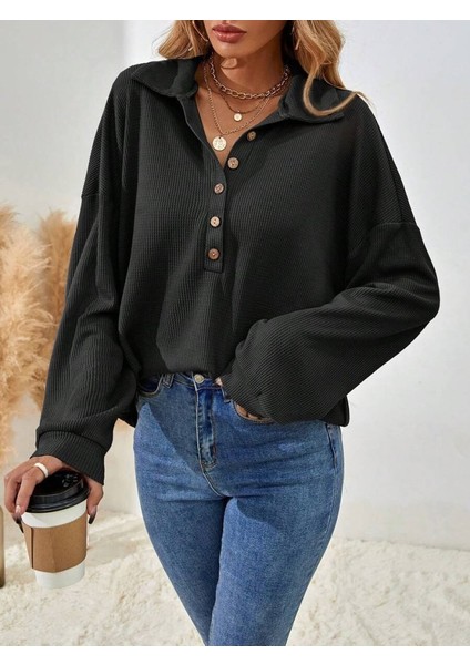 Cottonlab Kadın Uzun Kollu Yakalı Düğmeli Salaş Waffle Bluz
