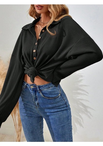 Cottonlab Kadın Uzun Kollu Yakalı Düğmeli Salaş Waffle Bluz modelleri