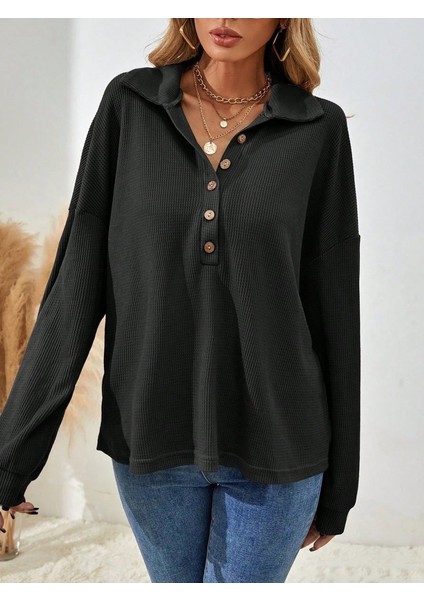 Cottonlab Kadın Uzun Kollu Yakalı Düğmeli Salaş Waffle Bluz fırsatları