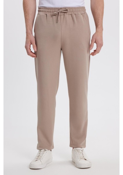 Erkek Slim Fit Dar Kesim Beli Bağcıklı 3 Cepli Geniş Paça Koyu Vizon Eşofman Altı