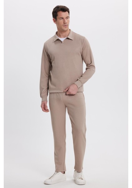 Erkek Slim Fit Dar Kesim Beli Bağcıklı 3 Cepli Geniş Paça Koyu Vizon Eşofman Altı fiyatları