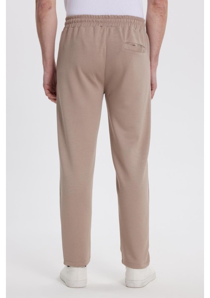 Erkek Slim Fit Dar Kesim Beli Bağcıklı 3 Cepli Geniş Paça Koyu Vizon Eşofman Altı