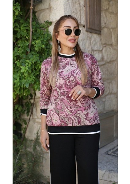 Cottonlab Kadın Uzun Kollu Bisiklet Yaka Desenli Iki Iplik Bluz ve Viskon Iki Iplik Pantolon Ikili Takım modelleri