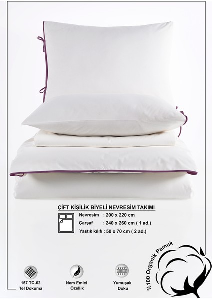 Elite Biyeli %100 Pamuk Nevresim Takımı Çift Kişilik Ekru Mor 200X220CM