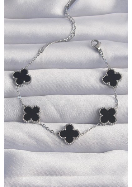 316L Çelik Gümüş Renk Siyah Mineli Yonca Bileklik