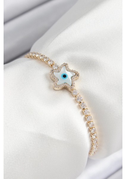 Pirinç Zirkon Taşlı Nazar Yıldız Model Gold Renk Asansörlü Kadın Bileklik