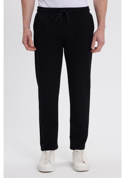 Erkek Slim Fit Dar Kesim Beli Bağcıklı 3 Cepli Geniş Paça Siyah Eşofman Altı