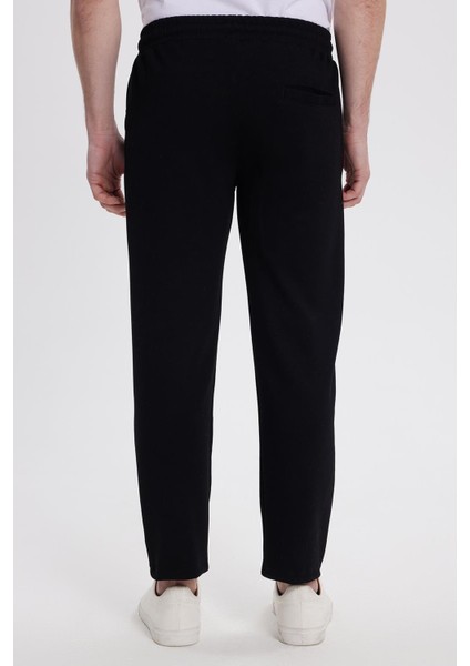 Erkek Slim Fit Dar Kesim Beli Bağcıklı 3 Cepli Geniş Paça Siyah Eşofman Altı