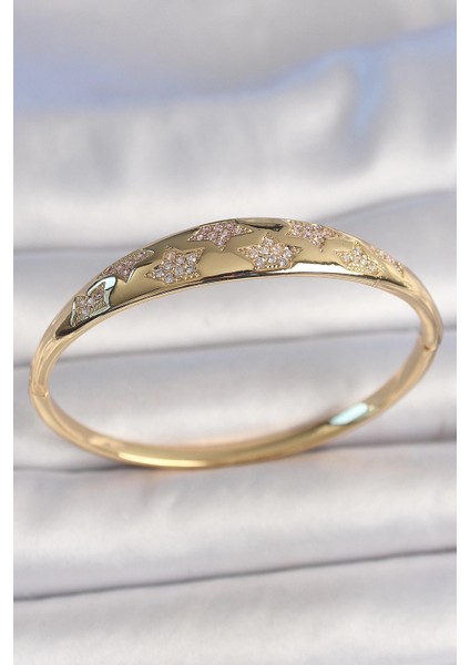 Pirinç Gold Renk Zirkon Taşlı Yıldız Işlemeli Kadın Kelepçe