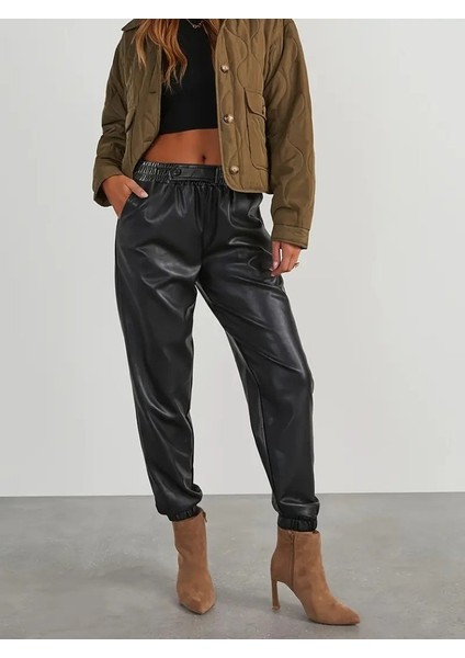 Cottonlab Kadın Yüksek Bel Lastikli Önü Düğmeli Deri Pantolon