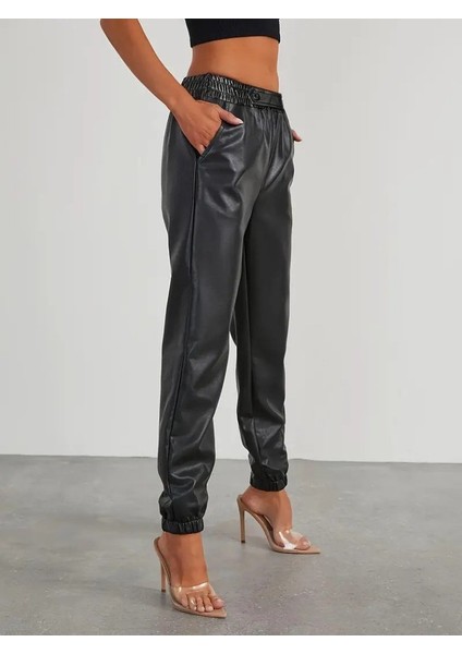 Cottonlab Kadın Yüksek Bel Lastikli Önü Düğmeli Deri Pantolon fiyatları